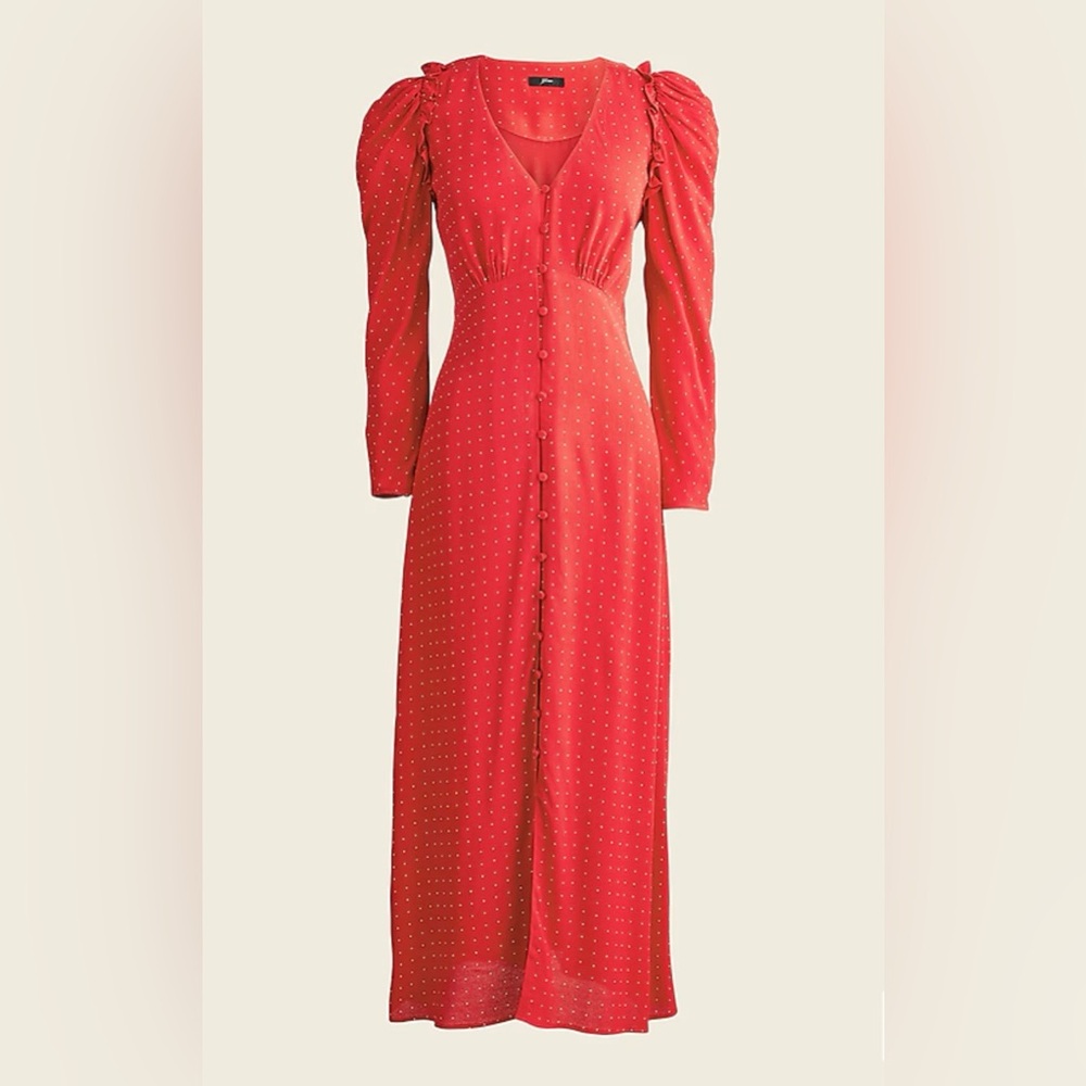 J. Crew NWT Women's Drapey Puff-Sleeve Dress Pin Dot V-Neck Button Front Size 24